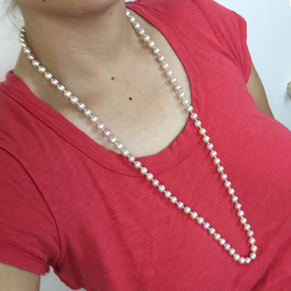 Vintage pearl necklace hand knot pink yellow green